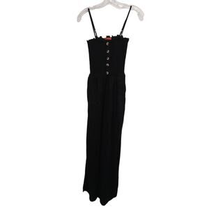 Y2K GUESS Linen Jumpsuit Sz S BLACK Smocked Tube Wide Leg Glam Goth Barbiecore